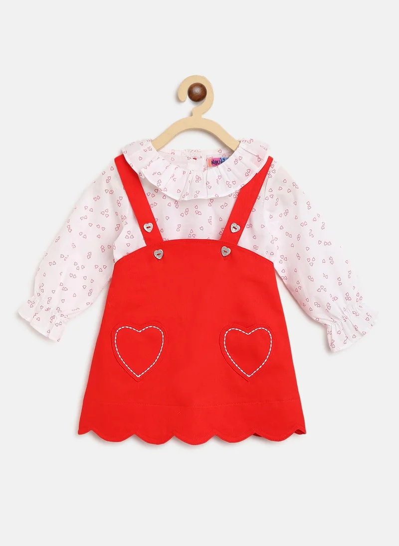 Nautinati Girls' 100% Cotton A-line Solid Heart-shaped Pocket Pinafore Dress with Ruffled All-over Print Top